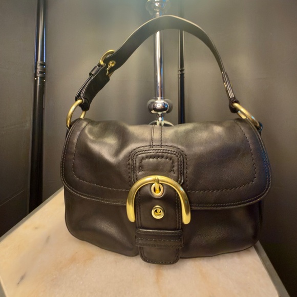 Vintage Coach Soho Leather Flap Shoulder Bag Black Brass Buckle